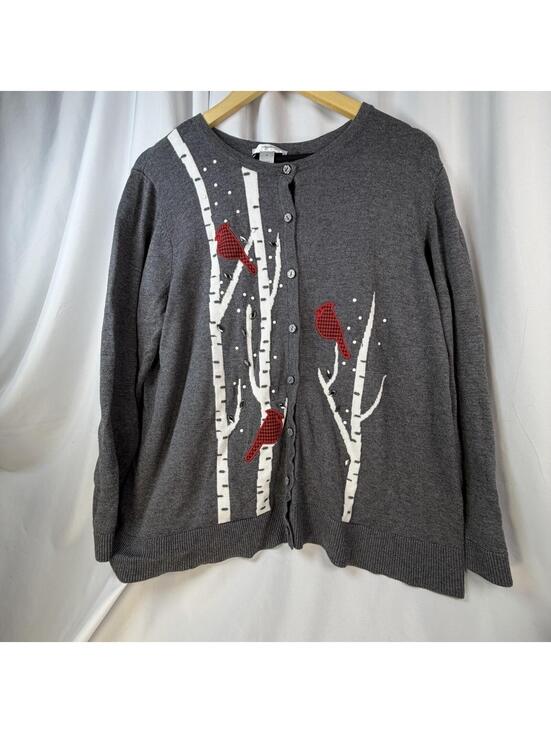 Sweaters - CJ Banks Gray Women’s Sweater Button Up Cardigan Red Cardinals 1X Birch Trees